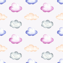Seamless watercolor colorful clouds and stars pattern. Design for wrapping paper, greeting card, child clothing and textile