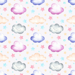 Seamless watercolor colorful clouds and stars pattern. Design for wrapping paper, greeting card, child clothing and textile