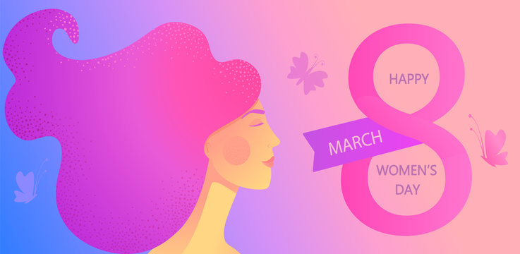 Banner for International Women's Day. Card for March 8 with woman face, beautiful hair, flowers. Congratulating and wishing happy holiday flyer for newsletter, brochures.Vector illustration.