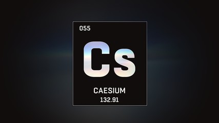 3D illustration of Cesium as Element 55 of the Periodic Table. Grey illuminated atom design background with orbiting electrons. Design shows name, atomic weight and element number
