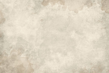 Old brown paper parchment background design with distressed vintage watercolor or coffee stains and ink spatter and white faded shabby center, elegant antique beige color