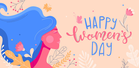 Card for International Women's Day. Banner, flyer for March 8 with woman face and decorating by flowers. Congratulating and wishing happy holiday placard for newsletter, brochures.Vector illustration.