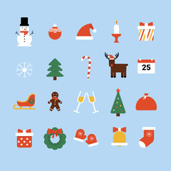 Set of flat Christmas and Happy New Year icons, xmas holiday. Flat vector cartoon style illustration isolated blue background.