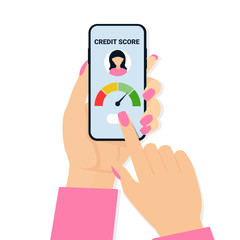 Credit score concept. Flat vector scale changing credit information from poor to good. Woman hands holding phone and touch screen.