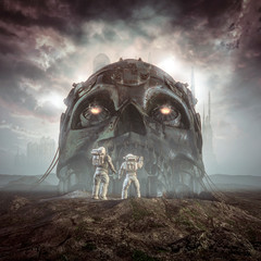 Giants of yesterday / 3D illustration of science fiction scene showing astronauts discovering ancient giant robot skull in the desert outside alien city © grandeduc