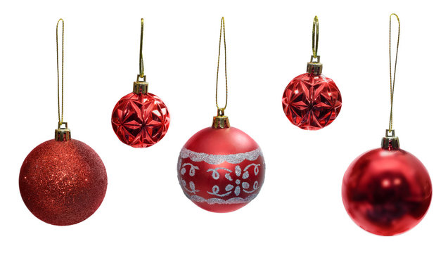 set of five Christmas tree red balls isolated white