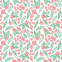 Many scattered green mistletoe branches and leaves with red berries on white background. Hand drawn seamless pattern. Colour pencils drawing. Floral pattern for Christmas, New Year theme design..