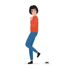 Mental disorders, arachnophobia. Scared girl character, phobia, fear, paranoid. psychiatric problem. Flat vector cartoon illustration.