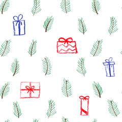  Many scattered pine branches on white background. Seamless pattern surfase design. Hand drawn with pencils. Naive childish style. Brown and green branches on white background. Winter christmas design