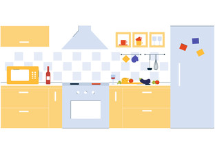 Interior design kitchen room in modern flat line style. Cooking lunch. Concept illustration.