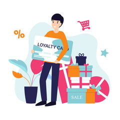 Loyalty program concept. Character man with a card in his hands. Bonuses, sales, gifts, online shopping. Flat vector cartoon illustration.