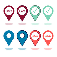 Multicolored map pin, marker, with inscriptions: SOS, Here. flat style.. Vector