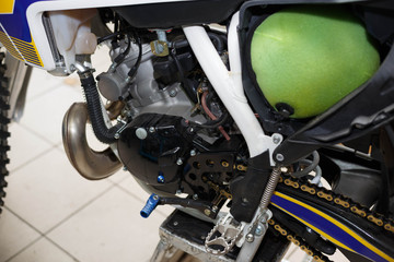 Obraz premium Sport bike in service. Planned repair, close-up.