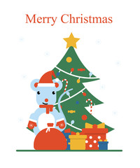 Happy New Year 2020. Cute flat cartoon xmas mouse with a bag of gifts and Christmas tree.