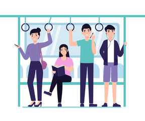 Fototapeta premium People ride the subway, metro, bus, train. Male and female characters in public transport. Flat vector cartoon design illustration. 