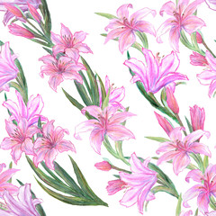 Watercolor seamless pattern with flowers lilies. Colorful floral elements, hand painted illustration isolated on a white background.
