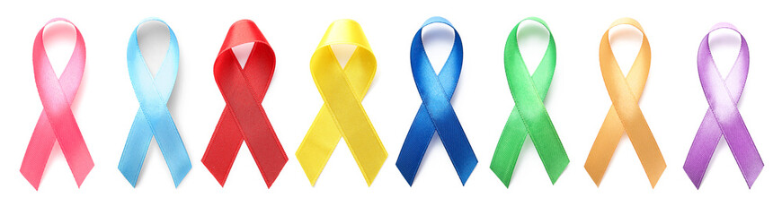 Different awareness ribbons on white background