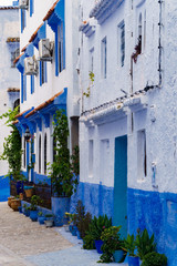 Fototapeta na wymiar Streets and Facades of the blue houses in Chefchaouen, Morocco