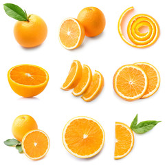 Set of ripe juicy oranges on white background