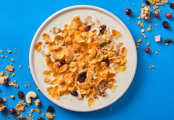 Muesli with yogurt. Healthy breakfast. Healthy lifestyle. Nutrition for children. Breakfast cereal. Top view