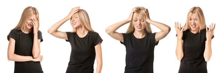 Set with young stressed woman on white background