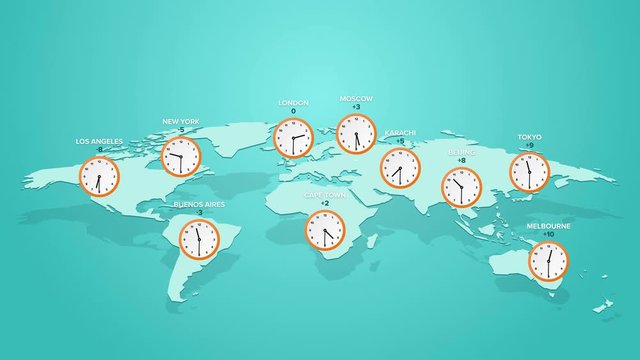 world map with a clock with selected major cities in different time zones infinite loop