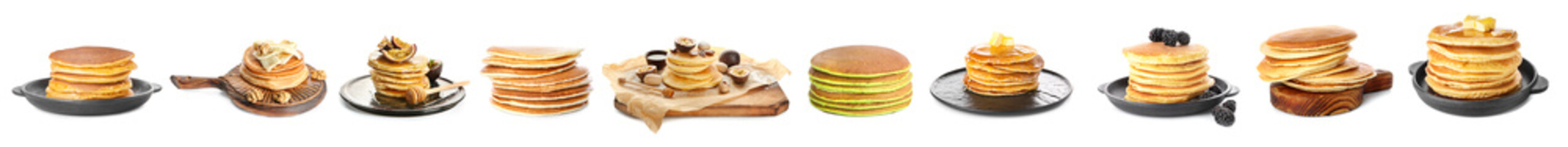 Set with tasty pancakes on white background
