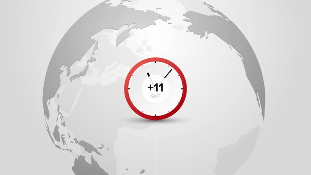 clock shows current time on rotating globe, time zones on planet earth based on location, infinite loop animation
