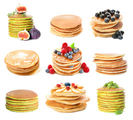 Set with tasty pancakes on white background