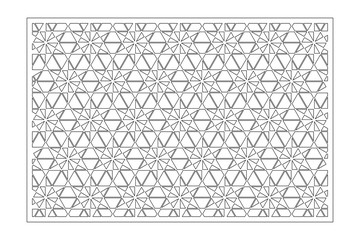 Decorative card for cutting. Linear square geometric mosaic pattern. Laser cut. Ratio 3:2. Vector illustration.