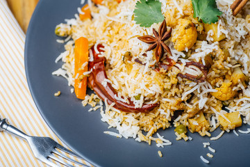 Biryani rice (Vegetable biryani). Indian basmati rice, curry vegetables and spices. Indian kitchen