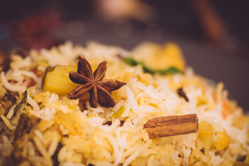Biryani rice (Vegetable biryani). Indian basmati rice, curry vegetables and spices. Indian kitchen