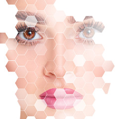 Young sensual woman with mosaic honeycombs on face.