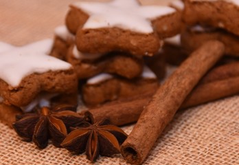baked cookies with cinnamon and white icing, anise stars on a canvas background