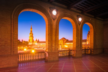 Spanish Square in Seville at night, Spain.