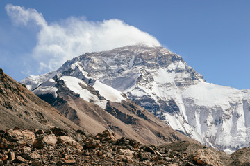 Photo of the Mount Everest summit and base camp from Tibetan side in China with strong wind on top