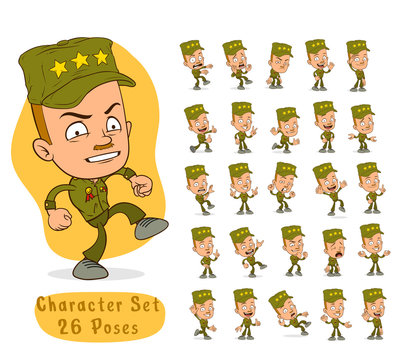 Cartoon Funny Army Soldier Boy Character With Cap And Medal In Different Positions. Layered Vector For Animations. Isolated On White Background. Big Icon Set.