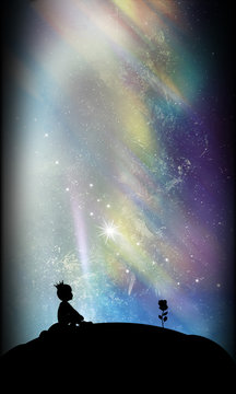 Little prince and rose cartoon characters in the real world silhouette art photo manipulation