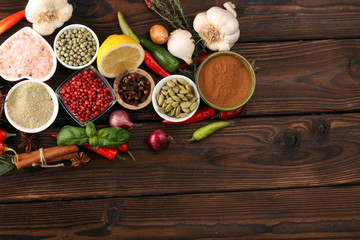 Spices and herbs on table. Food and cuisine ingredients for good cooking