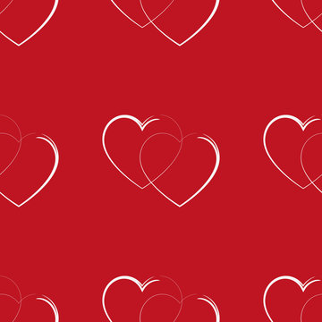 Abstract background from white outlines of two hearts on a red background. Pattern for Valentine's, holidays, invitations, decoration.