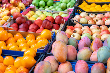 Various fruit in a fruit market. food.