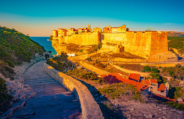 Image of Bonifacio port and Citadel in South of Corsica.