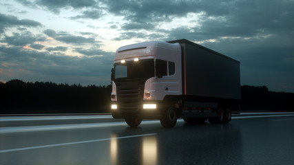 Delivery truck on asphalt road highway at sunset - transportation background. 3d rendering