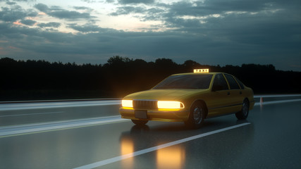 Fototapeta na wymiar Yellow taxi rides on the road, highway. 3D illustration