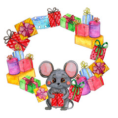 Hand painted Watercolor characters mouse frame with place for text. Cute Christmas mouse with present boxes. Isolated wreath on white background for invitation, design, print, card,poster