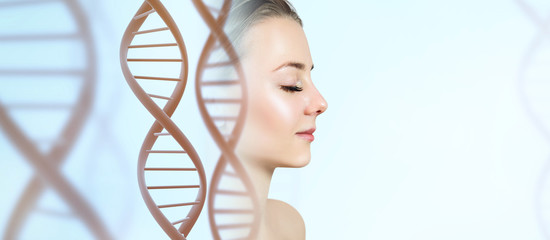 DNA stems and beautiful female face in double exposure.