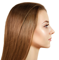 Fototapeta premium Side view on beautiful girl with perfect makeup and skin.