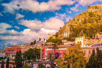 Panoramic view on the pictoresque town of Taormina, Sicily, Italy