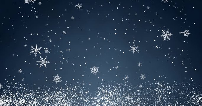 White confetti, snowflakes and bokeh lights on the blue Christmas background.