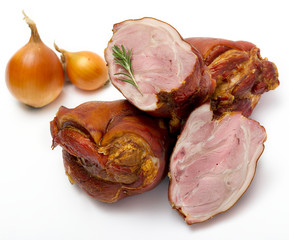 still life, boiled shank of pork, on white background